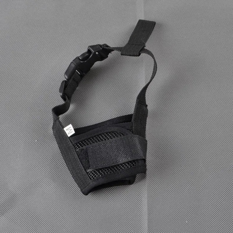 Adjustable plastic dog muzzle in various colours showing snout coverage and head strap attachment