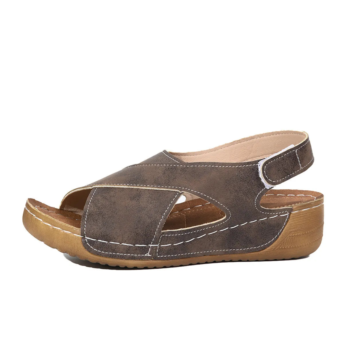 Roman platform sandals with skirt detail and adjustable Velcro strap in khaki colour