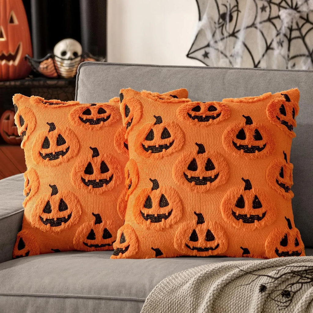 Plush stereo ghost embroidered black and white holiday decorative cushion cover 45x45cm on sofa