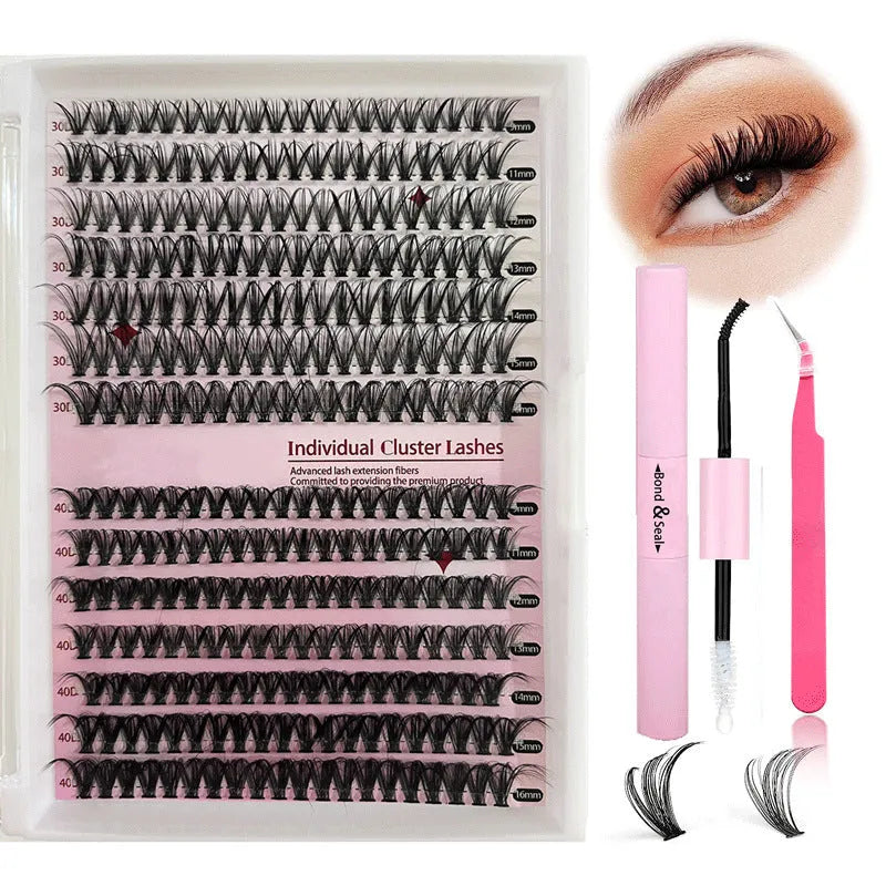 DIY false eyelashes mixed package showing 30D and 40D cluster lashes in 9-16mm lengths with application tweezers