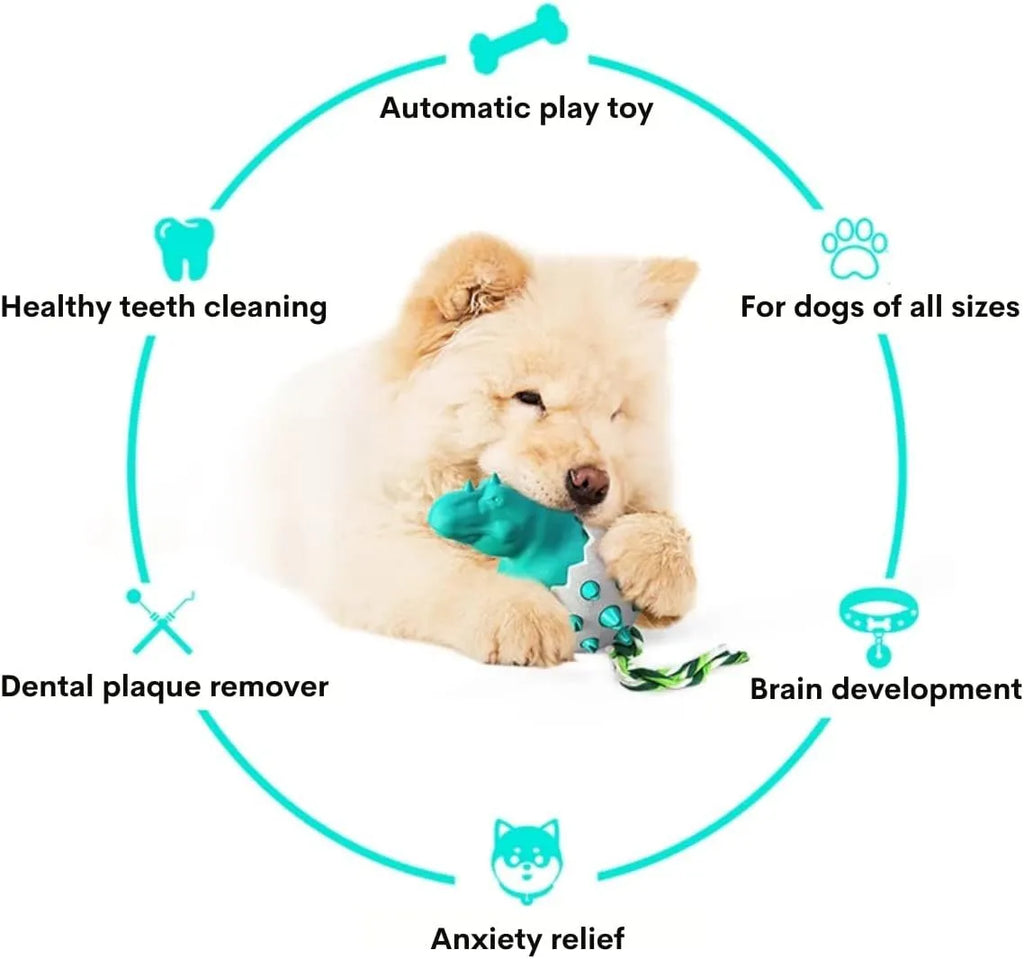Blue dinosaur-shaped dog chew toy with textured nubs and a green rope tail for fetch or tug.