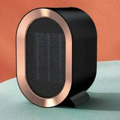 Desktop electric fan heater with a casting shell, showing mechanical dial and available in black, blue, green, or white.