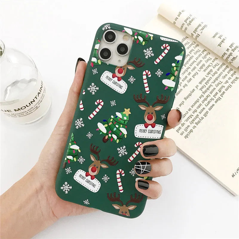 Green Christmas elk cartoon design phone case for iPhone with striped pattern