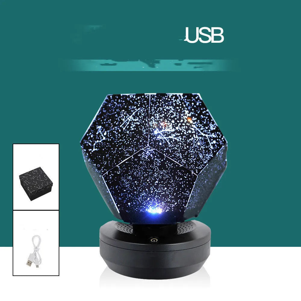 LED star projector night light showing constellation projection on a bedroom ceiling with remote control.
