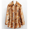 Women's slim-fit tiger pattern faux fur leather jacket on a hanger, showing long sleeves and medium length.