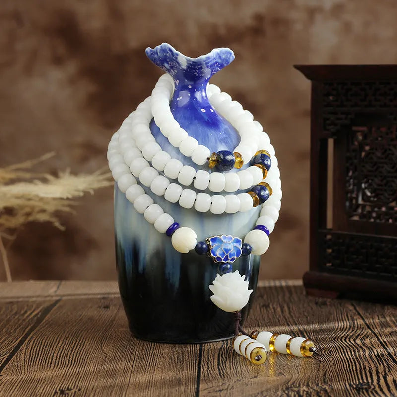 White Jade Bodhi Beads Long Bracelet with 6x8mm beads in multiple style options.
