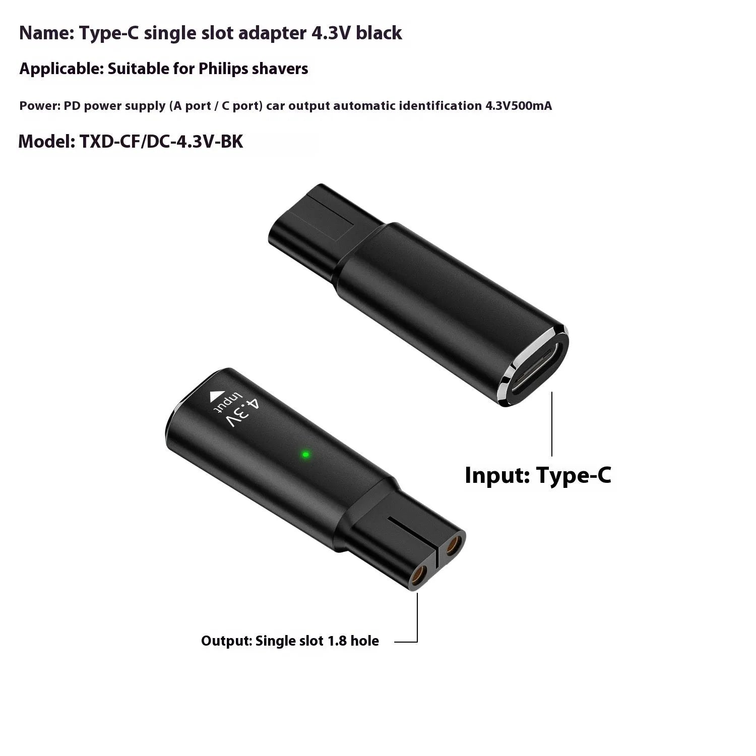USB C charging adapter for electric shavers with aluminium alloy casing in black or grey