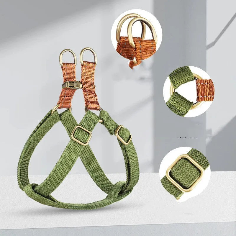 Brown vest-style anti-loss dog leash with cotton and nylon construction and alloy fastener