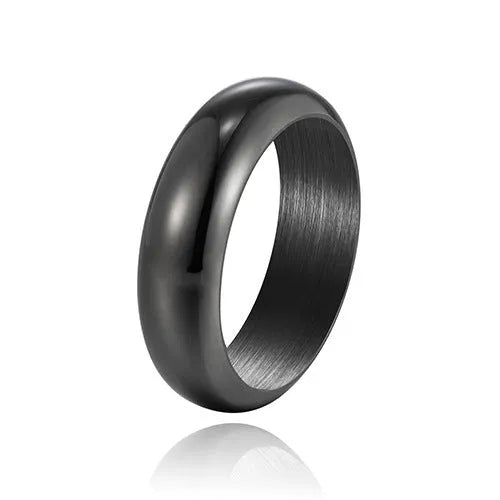 Glossy electroplated titanium steel ring in gold, black, and steel colours on a grey background.