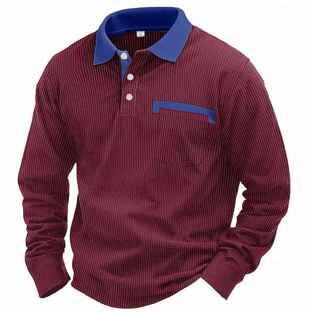 Men's long-sleeved waffle texture polo shirt with asymmetric design in available colours