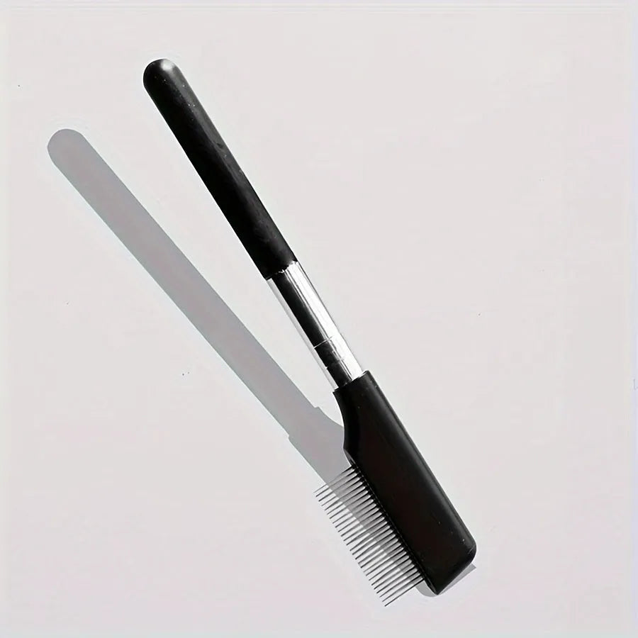 Black pet grooming brush with soft bristles for tear stain removal and integrated comb section