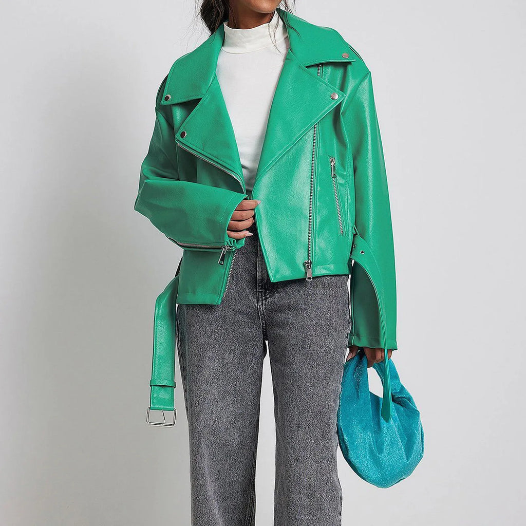 Punk locomotive style leather jacket with Peter Pan collar in black, blue, or green