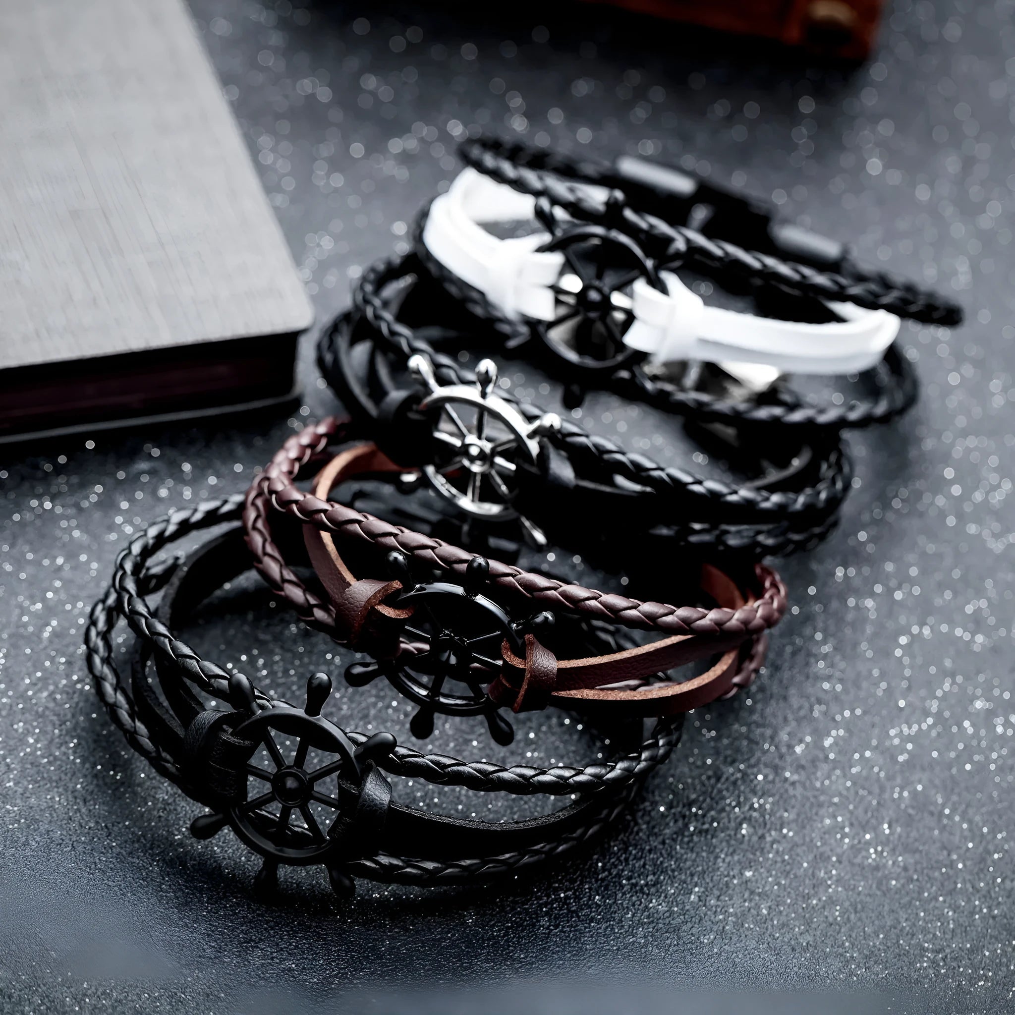 Alloy leather charm bracelet with black clasp fastening in brown colour option