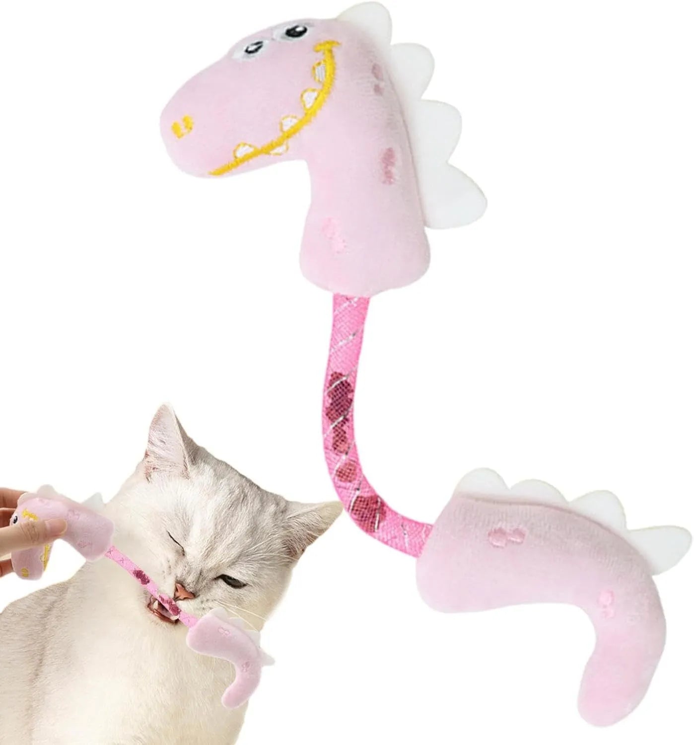 Set of four cat toys: plush fish, mouse, bunny, and a catnip rope on a plain background