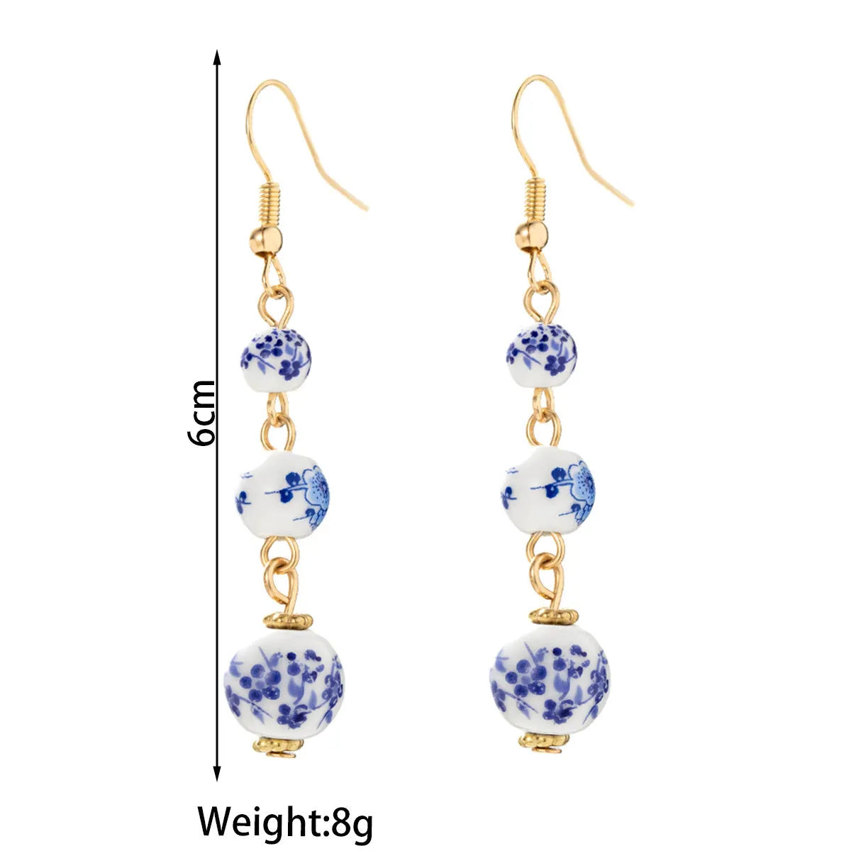 Blue and white porcelain ceramic bead long retro earrings with geometric round design and alloy electroplated finish