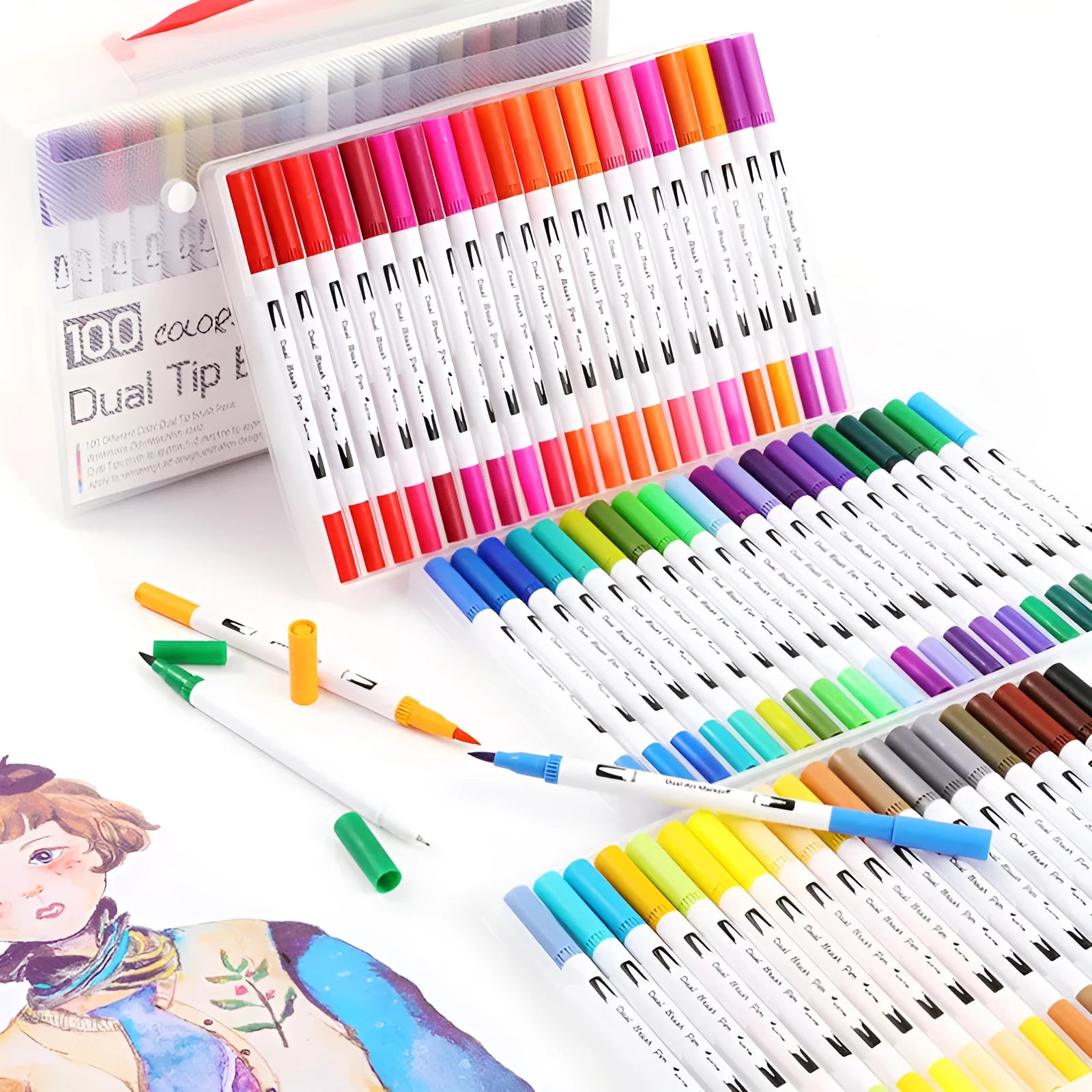 Watercolour pen set with artist brush tips showing multiple colour options from 48 to 100 colours