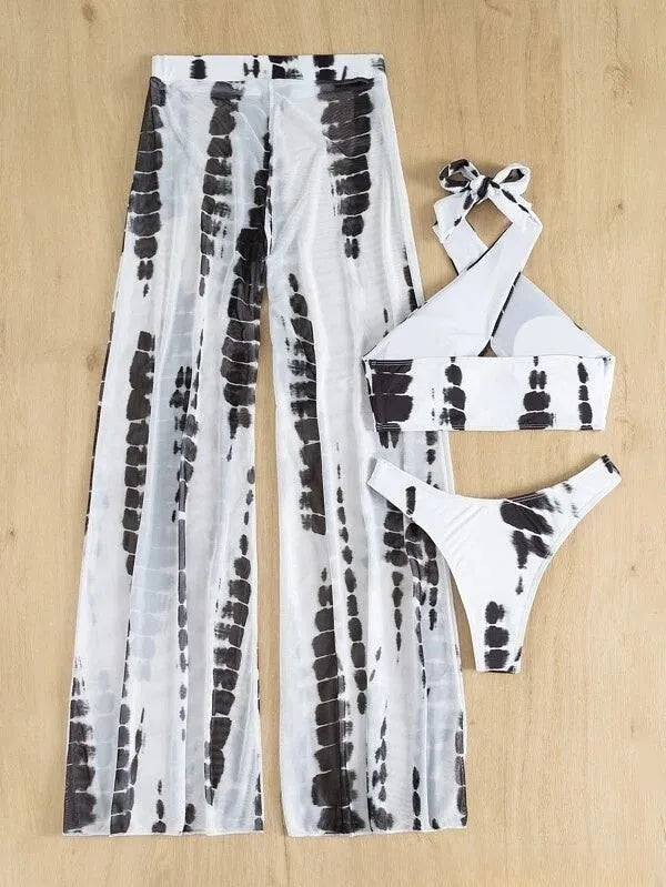 Women's three-piece swimsuit set with mesh trousers in black or blue printing