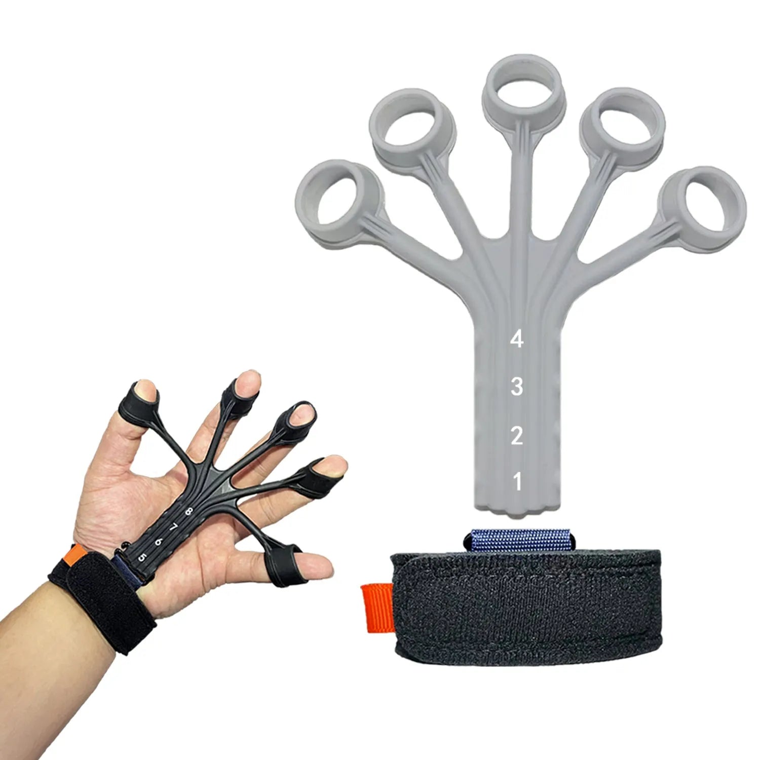 Black and grey silicone finger flexion and extension trainer with adjusting belt for hand rehabilitation.