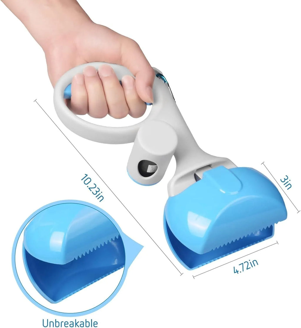 Heavy-duty ABS plastic pet pooper scooper with built-in trash bag holder and top carrying hook.