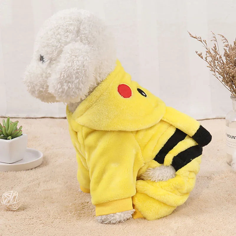 Fleece cat and dog coat with cartoon design on a pet mannequin, showing hoodie style.