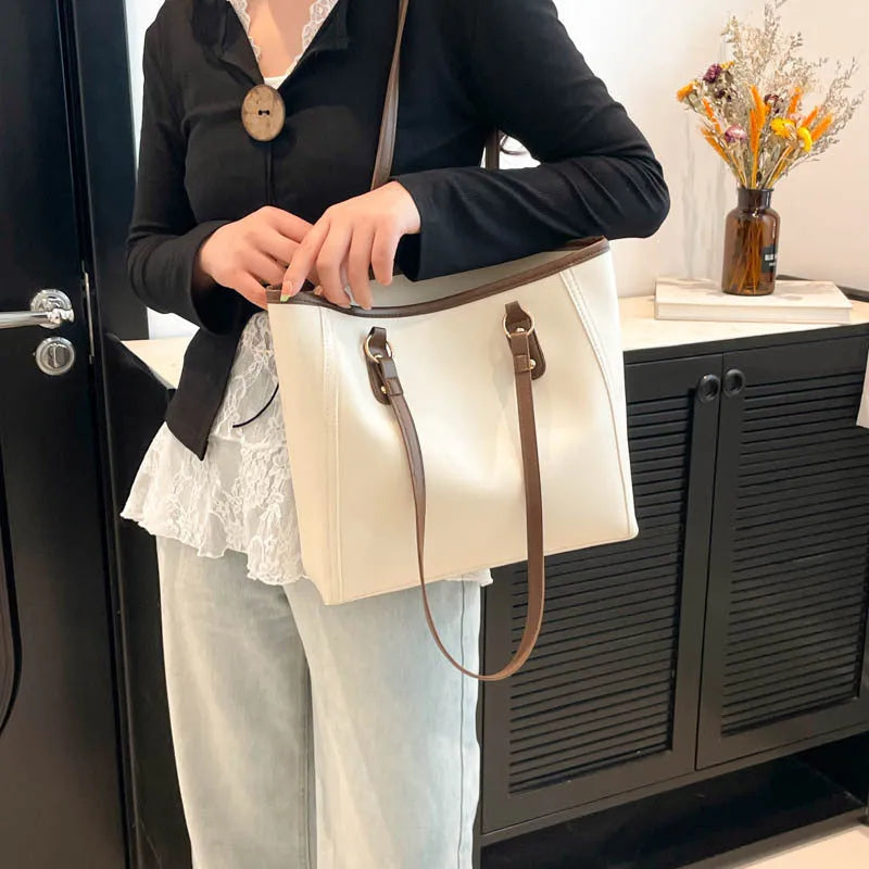 Women's contrast colour PU tote bag with horizontal square shape and large capacity in black, white, khaki, or brown