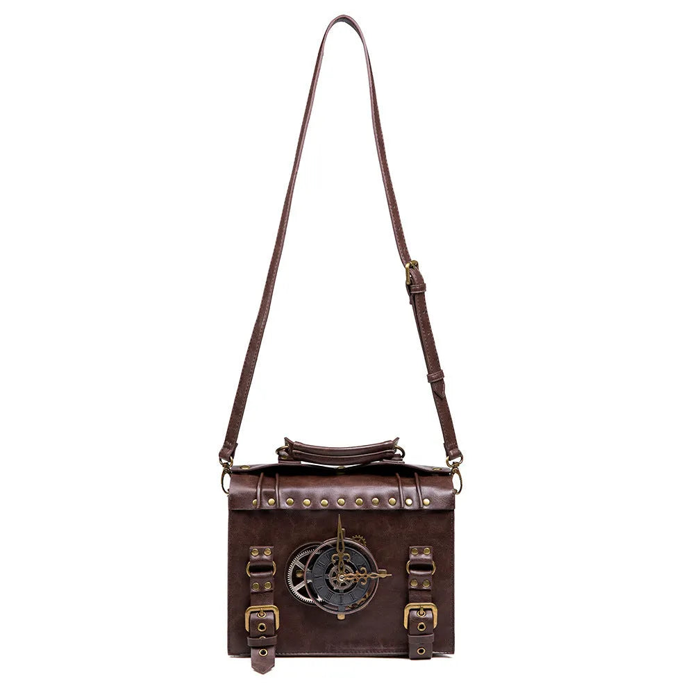 Bronze steampunk industrial retro shoulder bag with metal hardware and pillow bag shape