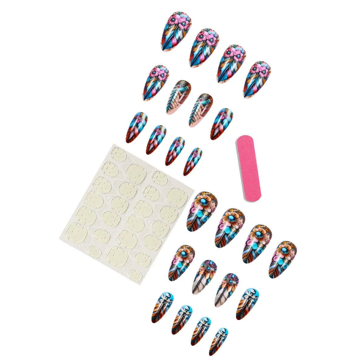 Plastic retro feather armour nail art decorative pieces in multiple patterns including cartoon, floral, and heart designs