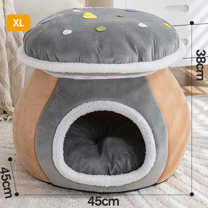Grey mushroom-shaped plush cat bed with a detachable rabbit blanket for winter warmth.