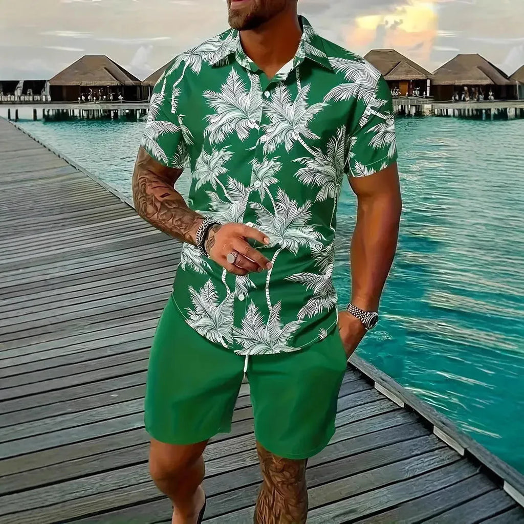 Men's Hawaiian patterned short sleeve suit with 3D print design and matching shorts