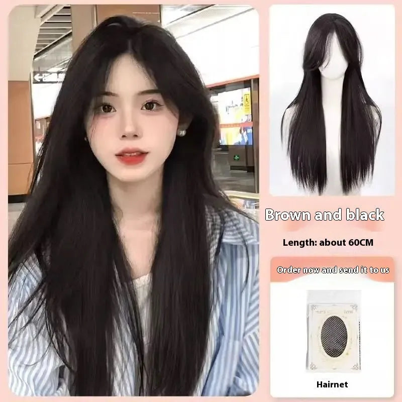 Natural black straight forehead lace wig with styling accessories displayed on bracket