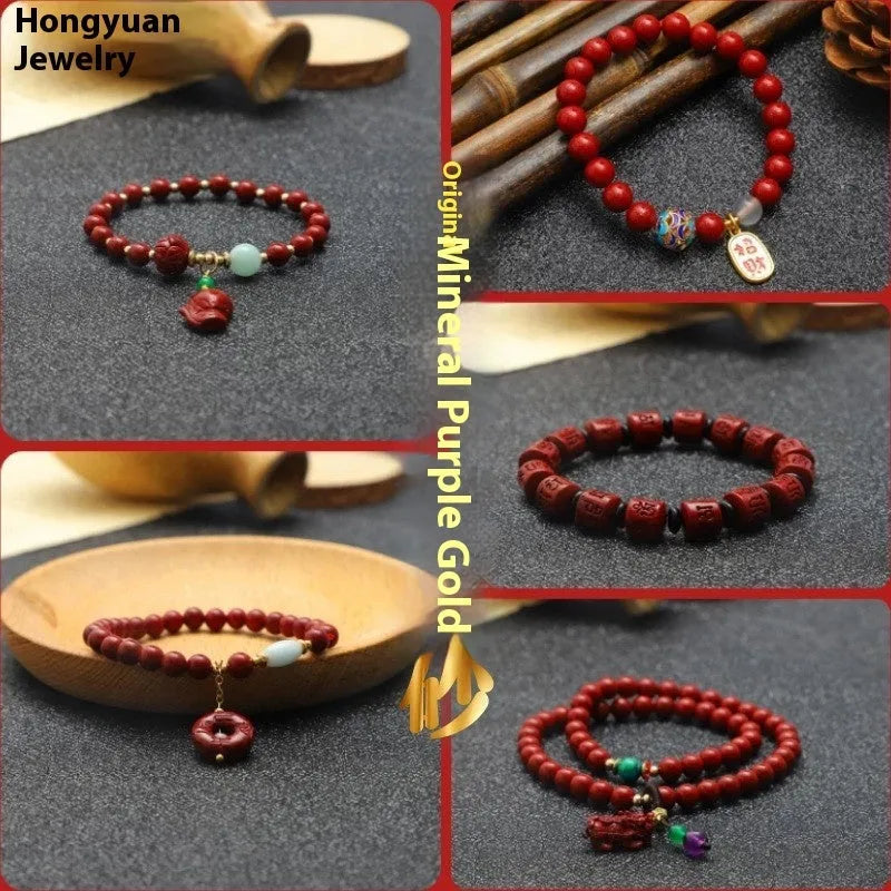 Handmade cinnabar fox pendant bracelet with peace buckle and auspicious cloud motifs