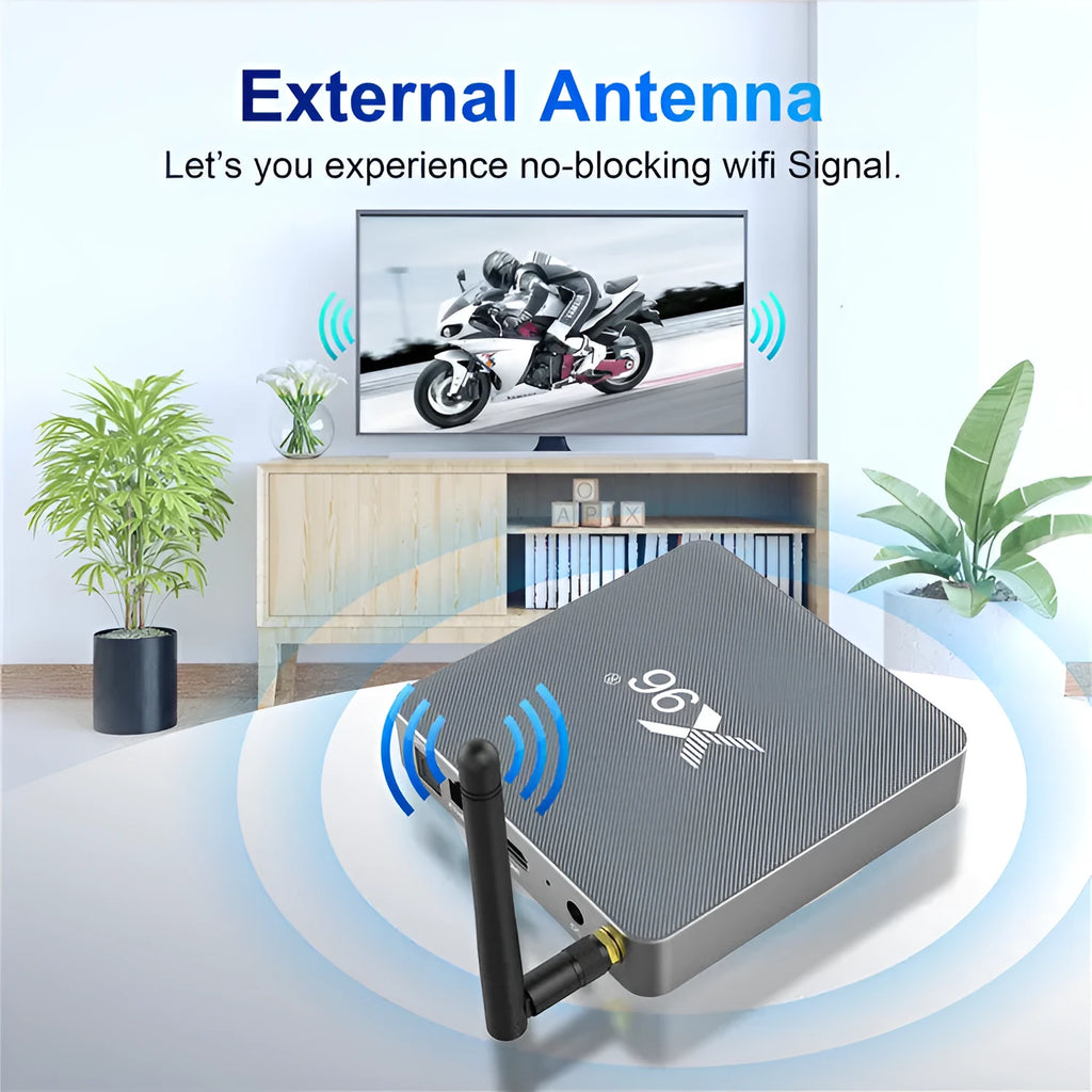 Android smart voice set-top box with remote control, HDMI cable, and dual band WiFi connectivity.