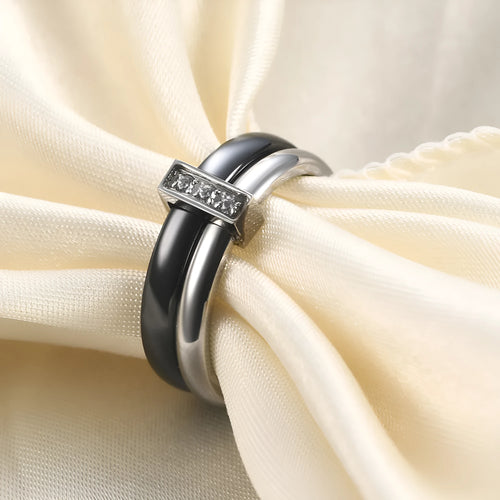 Ceramic ring with zirconium inlay in steel black or gold white colour