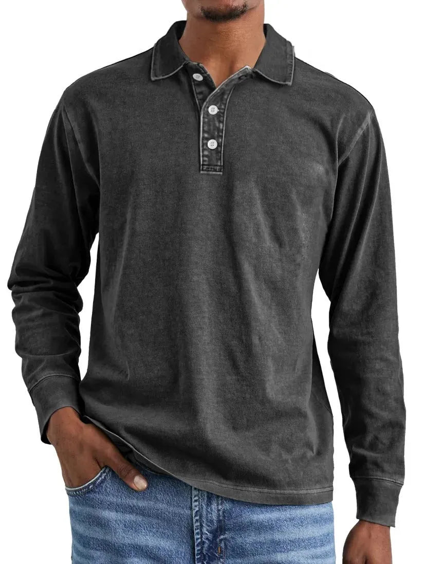 Man wearing a retro washed distressed cotton lapel long sleeve polo shirt in army green.