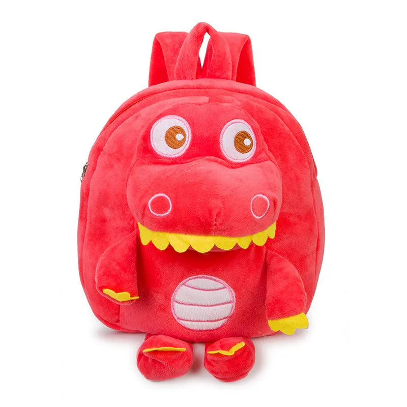 Colourful dinosaur plush backpack for children with soft handle and embroidery detail.