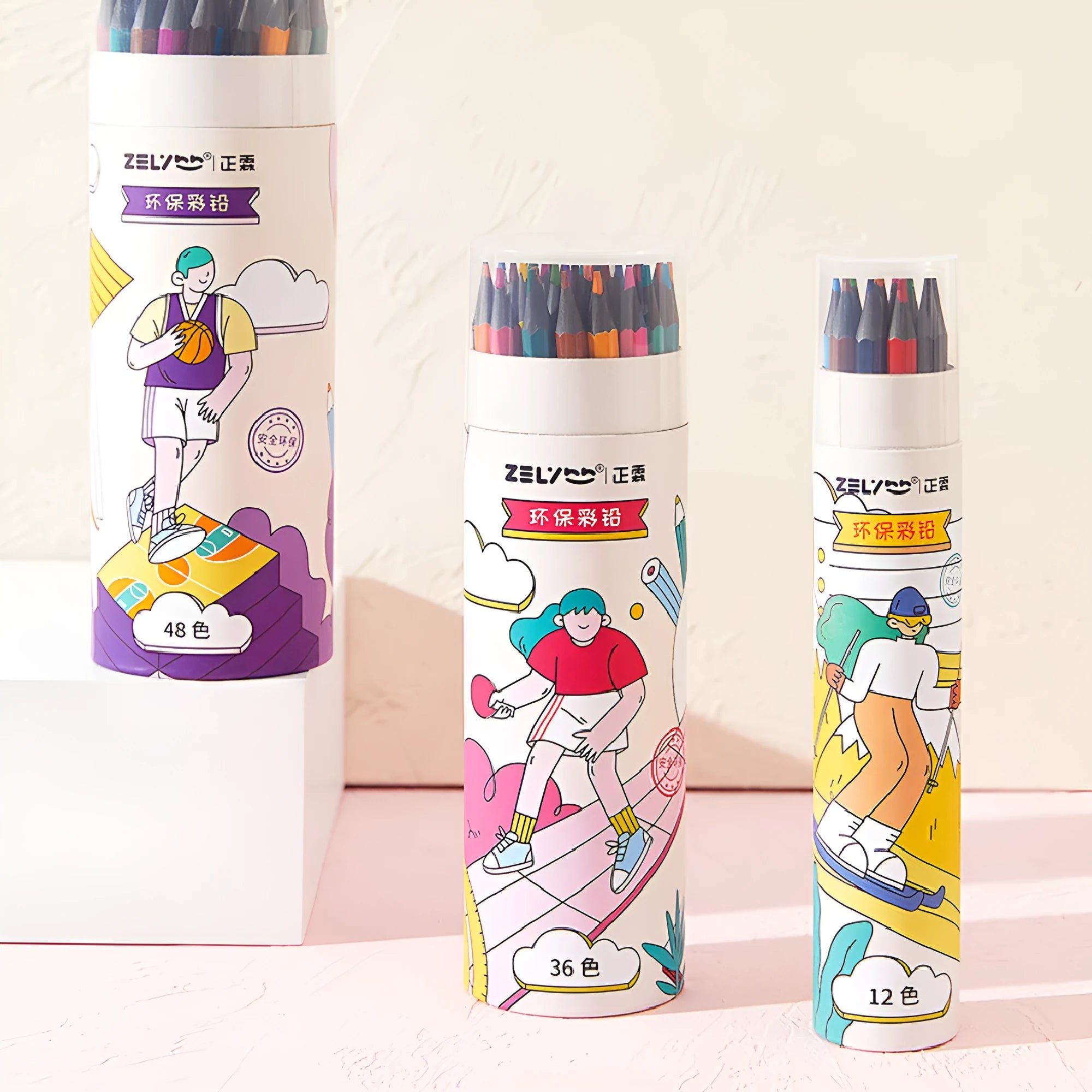 Zhenglin Sports Series colour pencil set with paper barrel in 24 or 36 colour options.