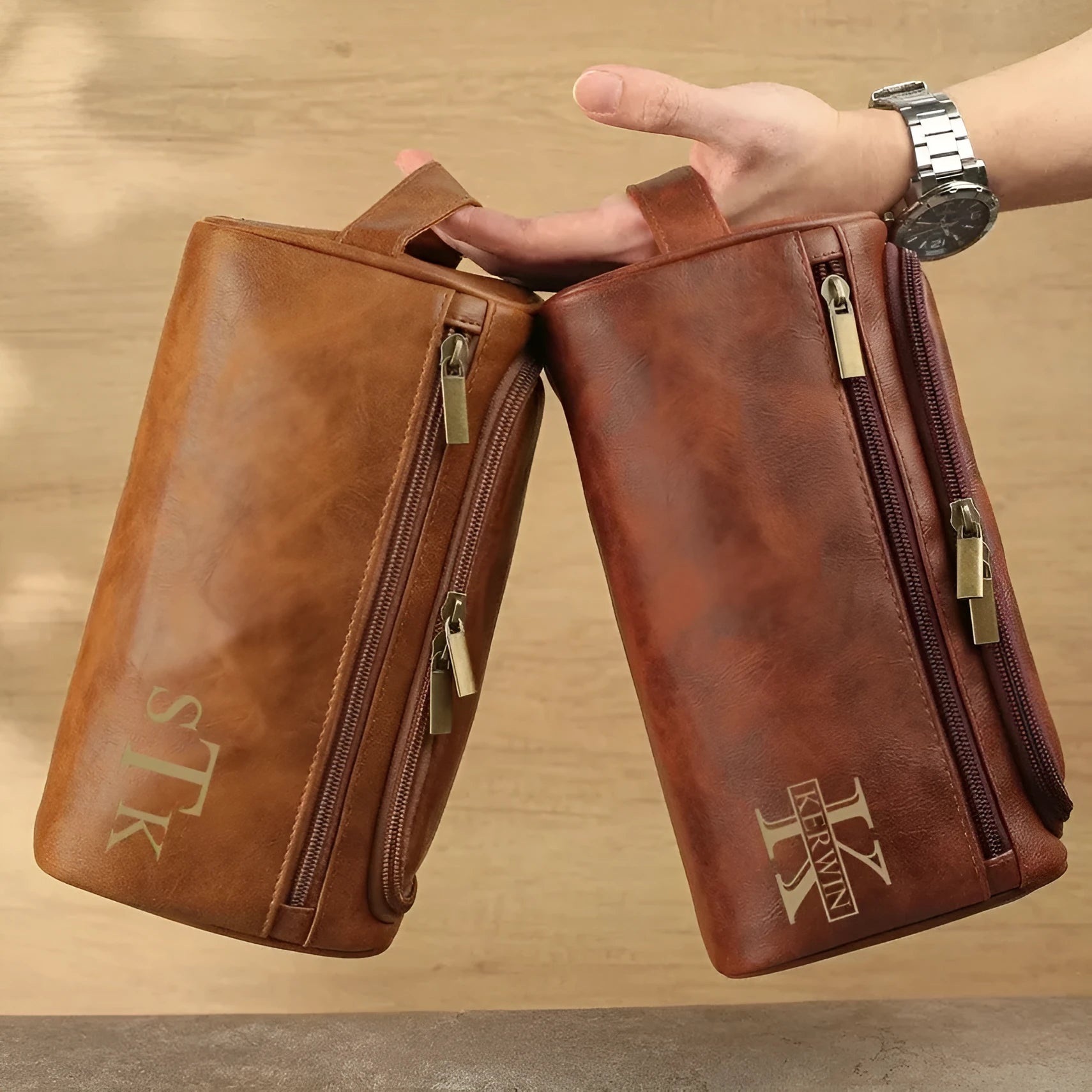 Men's personalised PU leather travel bag shown in four colour options: black, light brown, brown, dark brown.