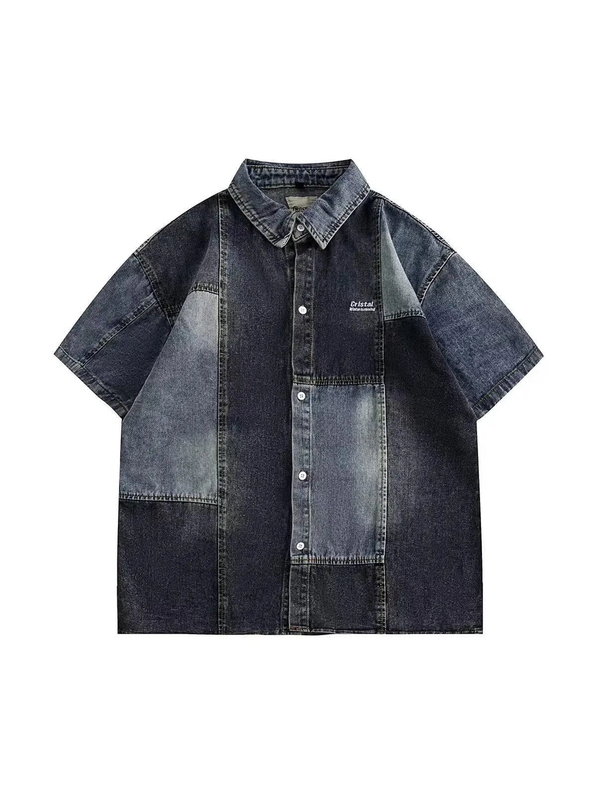 Blue Japanese-style retro denim shirt for men with loose cardigan fit and washed stitching