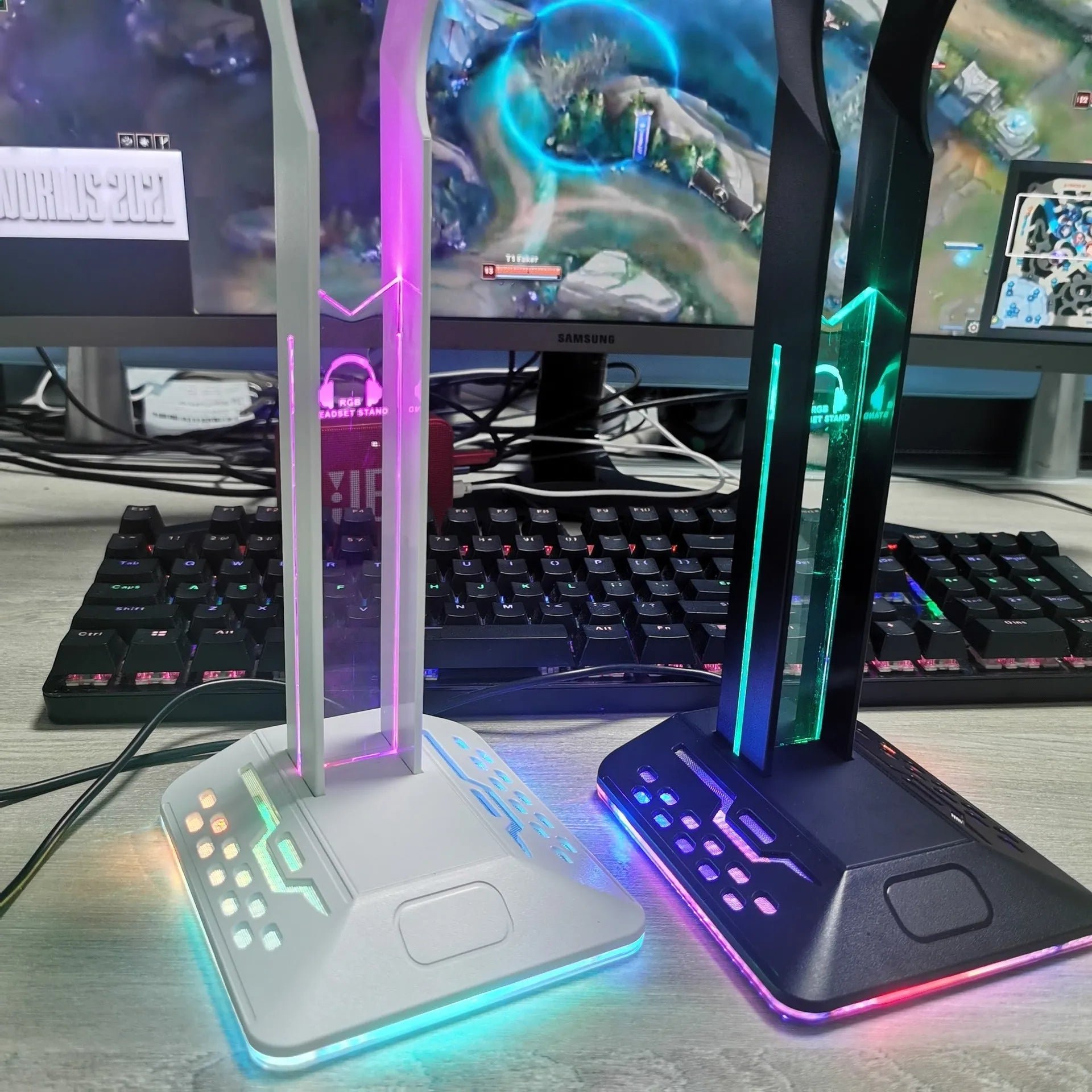 RGB headset display rack with dual USB charging ports and colour-changing acrylic side panels
