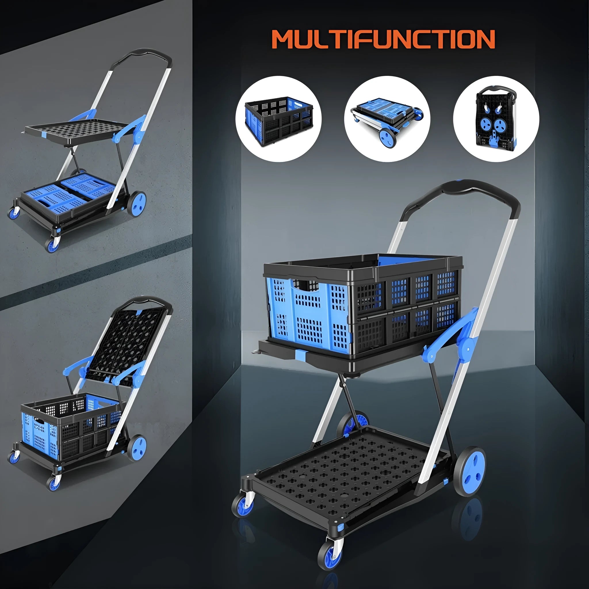 Foldable plastic shopping cart with double baskets in blue, purple, pink, or red colour options