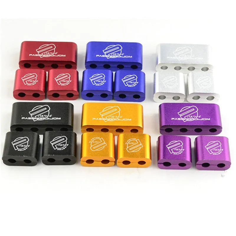 Three-piece metal car fastening clamp set in six colour options on a grey background.