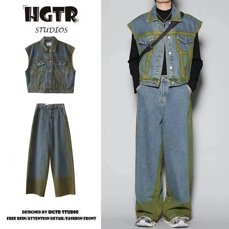 Blue distressed vest and jeans two-piece suit with spray colour gradient and fleece lining.