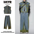 Blue distressed vest and jeans two-piece suit with spray colour gradient and fleece lining.