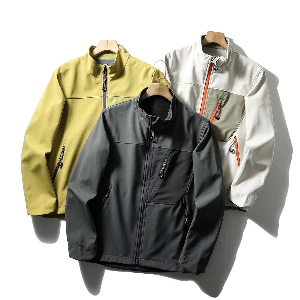 Men's retro stand-up collar coat with contrast colour patchwork, zipper pockets, in Misty White, Olive Yellow, and Rock Gray