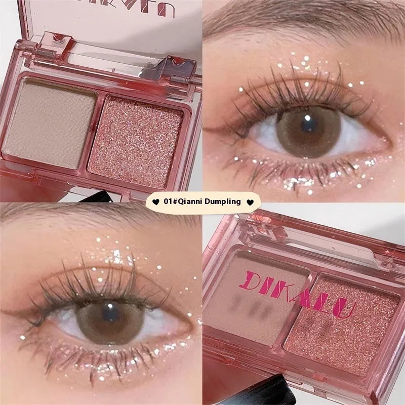 Two-tone eyeshadow palette showing five colour combinations including pink and black shades