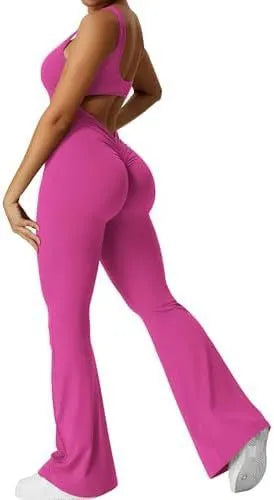 Women's sleeveless flare jumpsuit for yoga and fitness in high-elasticity polyester fabric.