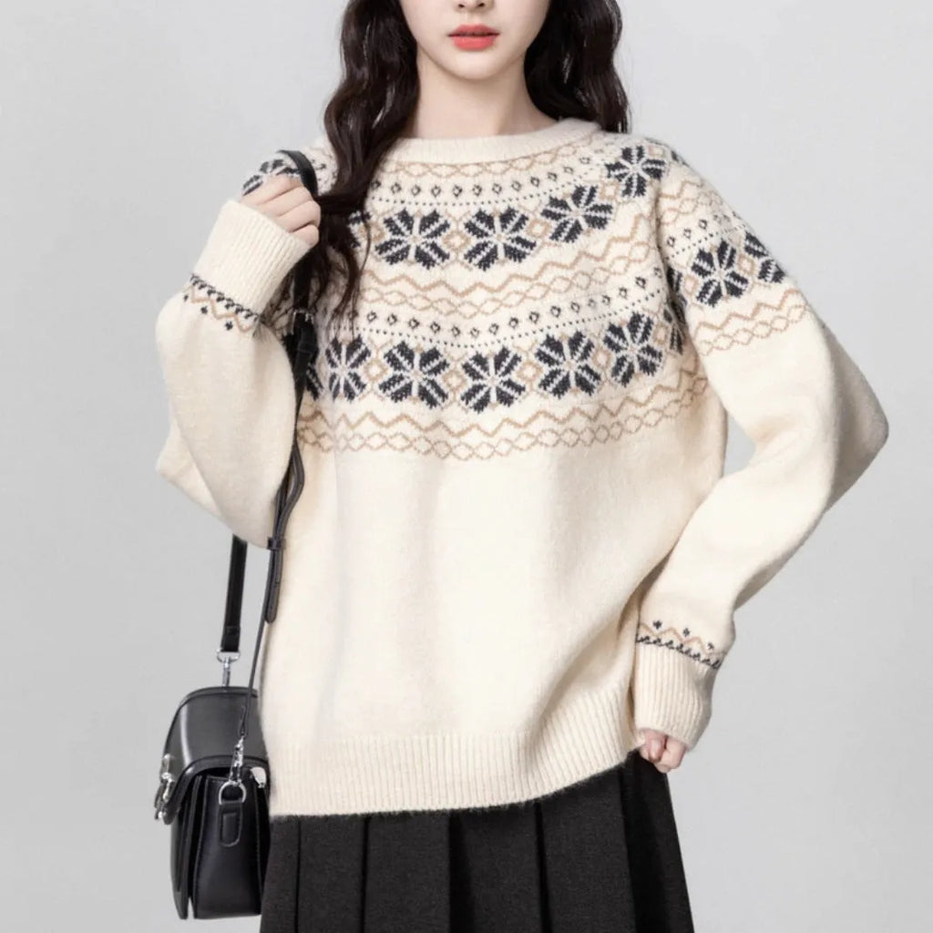 Women's Milky White vintage Fair Isle geometric pattern pullover sweater with long sleeves and crew neck.