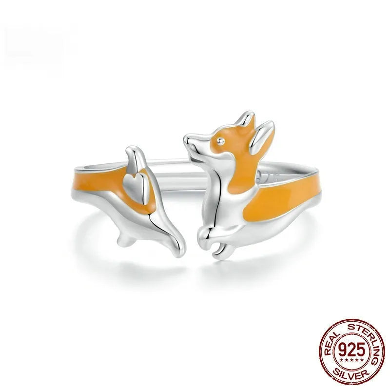 Silver ring with detailed cartoon corgi design in electroplated SCR1014-E colour for women