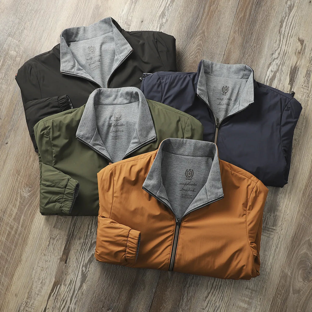 Men's stand collar jacket in polyester blend available in Army Green, Black, Blue and Orange colours