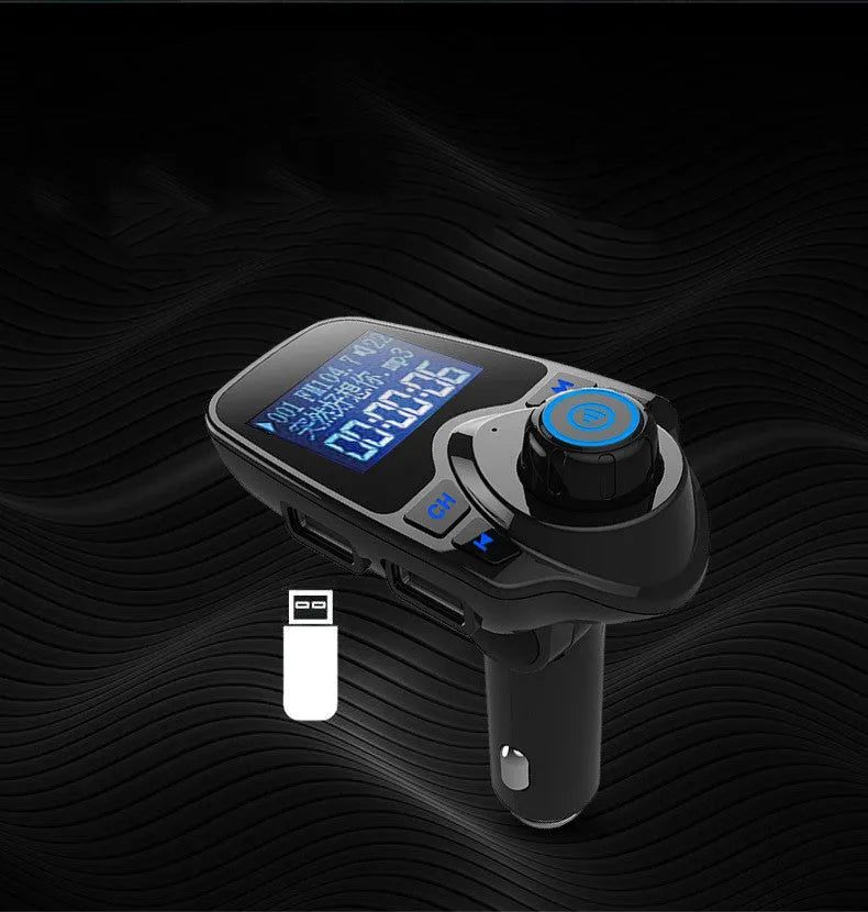 Black G7 Car Bluetooth FM Transmitter with USB port and TF card slot for hands-free calls and music streaming.